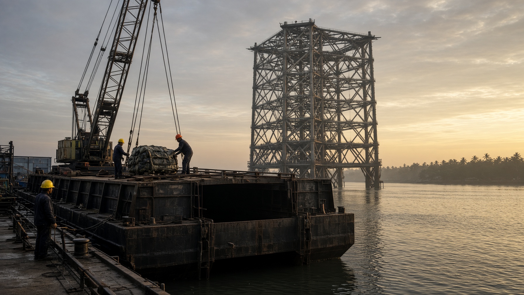 Offshore jacket load-out onto a barge at dawn
